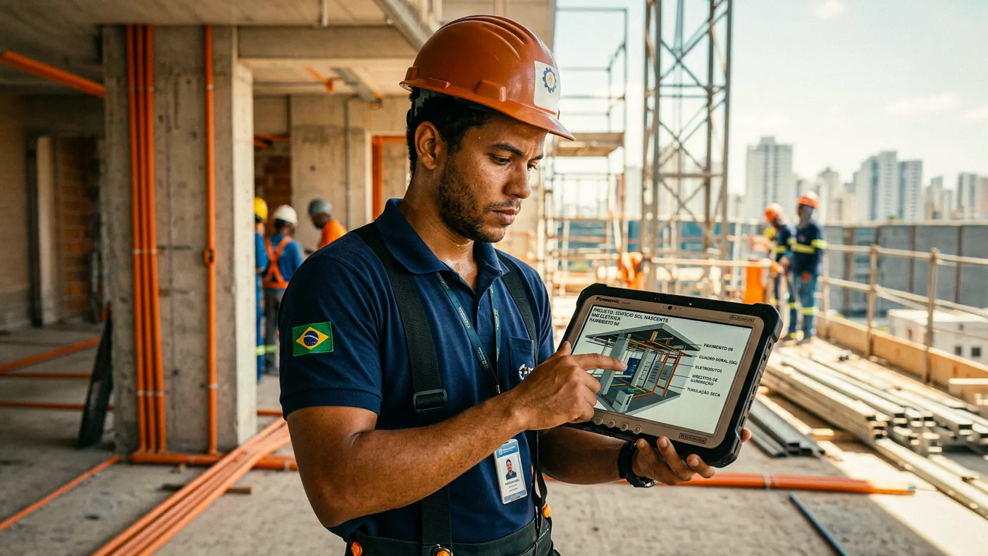 Modelo 3D BIM detalhado de uma infraestrutura elétrica industrial com caminhos de conduítes em destaque dourado.