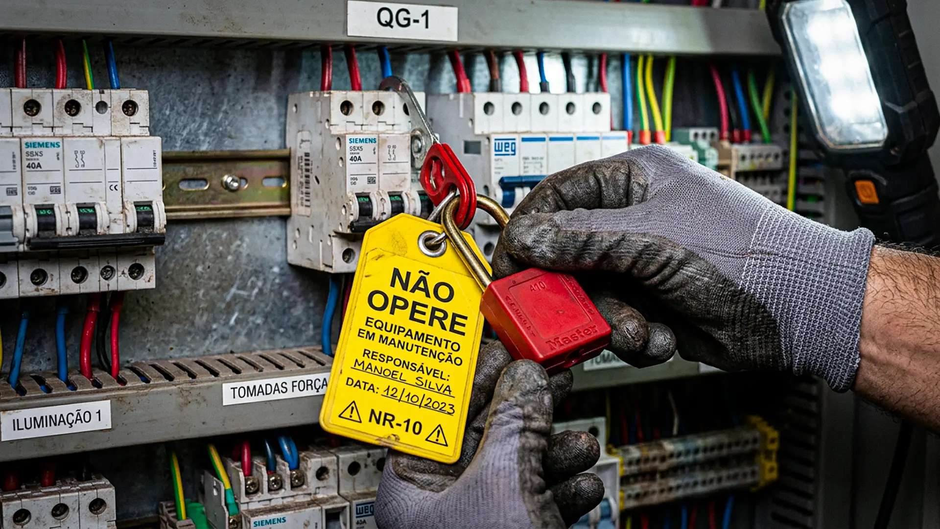 Painel elétrico industrial com selos de conformidade NR-10 e equipamentos de medição técnica.