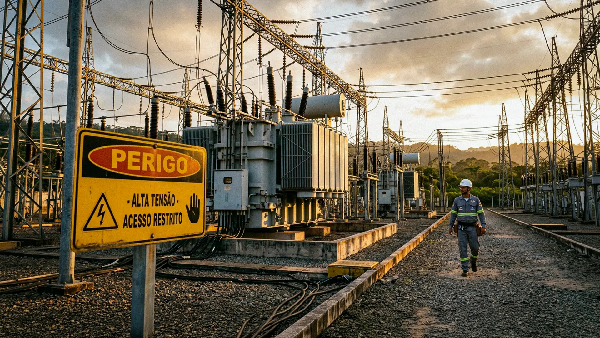 Engenheiro elétrico em traje de proteção a realizar uma inspeção técnica numa subestação de alta tensão.